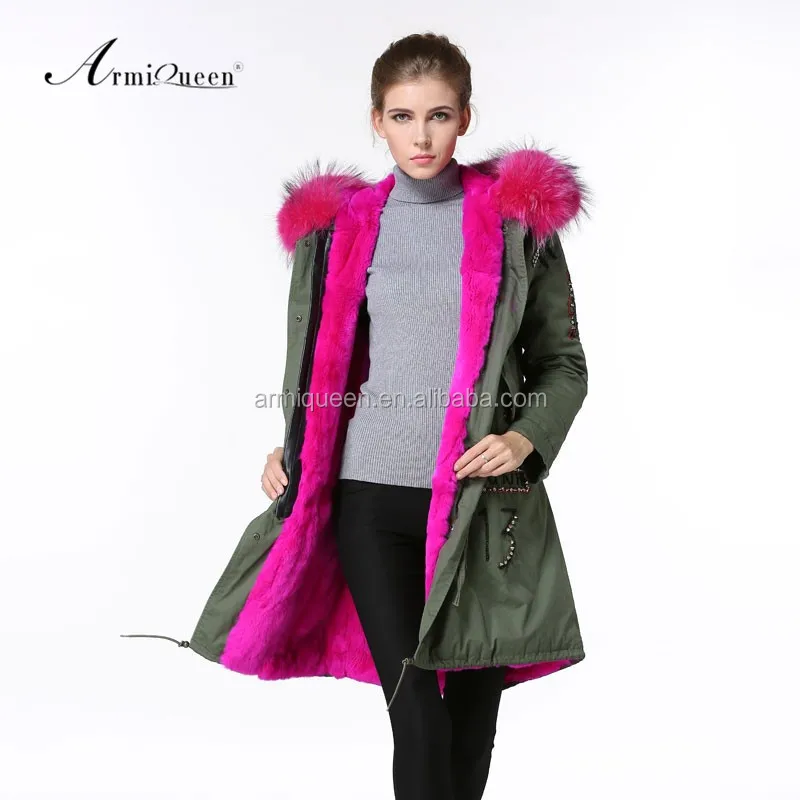 

Wholesale high quality rose pink womens 2017 winter military fur parka, Beaded faux fur ladies raccoon fur hooded jacket coat, Rose pink;army green;picture and customized