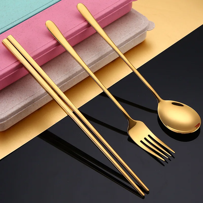 

Popular wheat plastic handler portable 304 SS cutlery set spoon fork chopstick with case, Black;gold;rose gold;silver