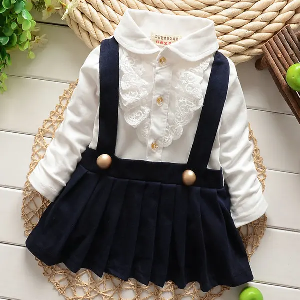 New Children long sleeve dress Girls baby False two lace straps Dress Pleated dress 2colors Hot