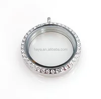 

High Quality Stainless Steel Round floating Glass Lockets with stone Silver Locket 30mm