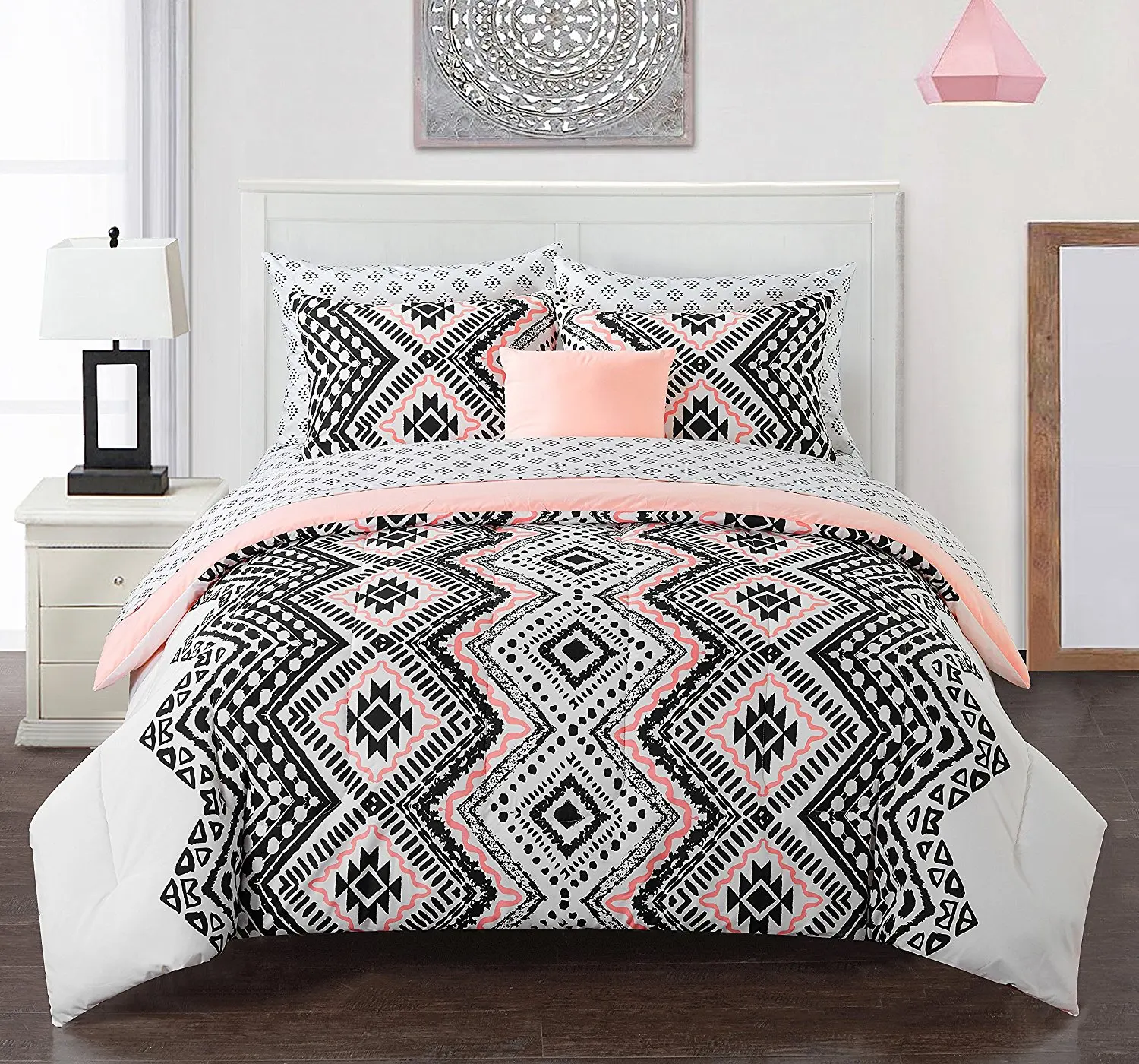 Buy Lo 6 Piece Girls White Black Coral Pink Aztec Comforter Full Set Tribal Southwest Bedding Girly Trendy Native American Navajo Geometric Bright Vibrant Colorful Jagged Pattern Polyester In Cheap Price On