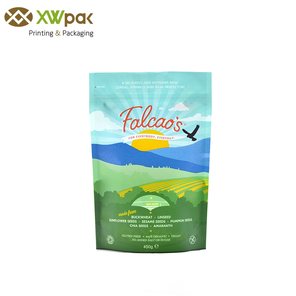 Wholesale custom 450g standup pouches with window seeds packaging bags for chia sunflower corn seed packing
