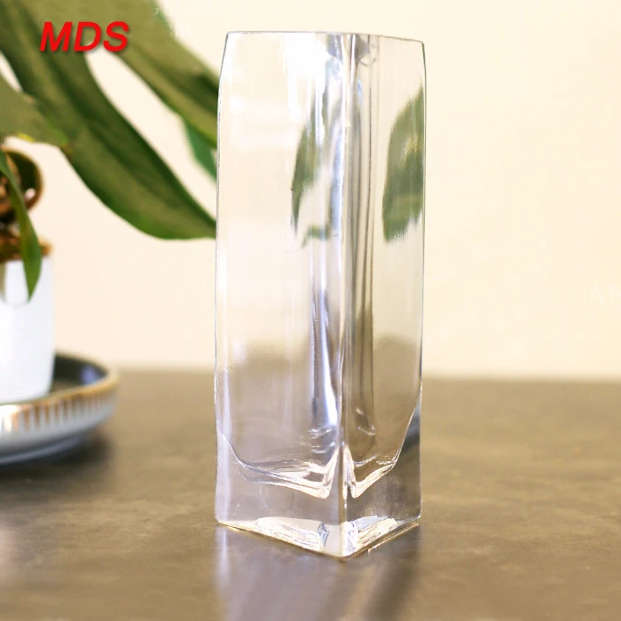Custom clear wide mouth triangle glass vase supplier