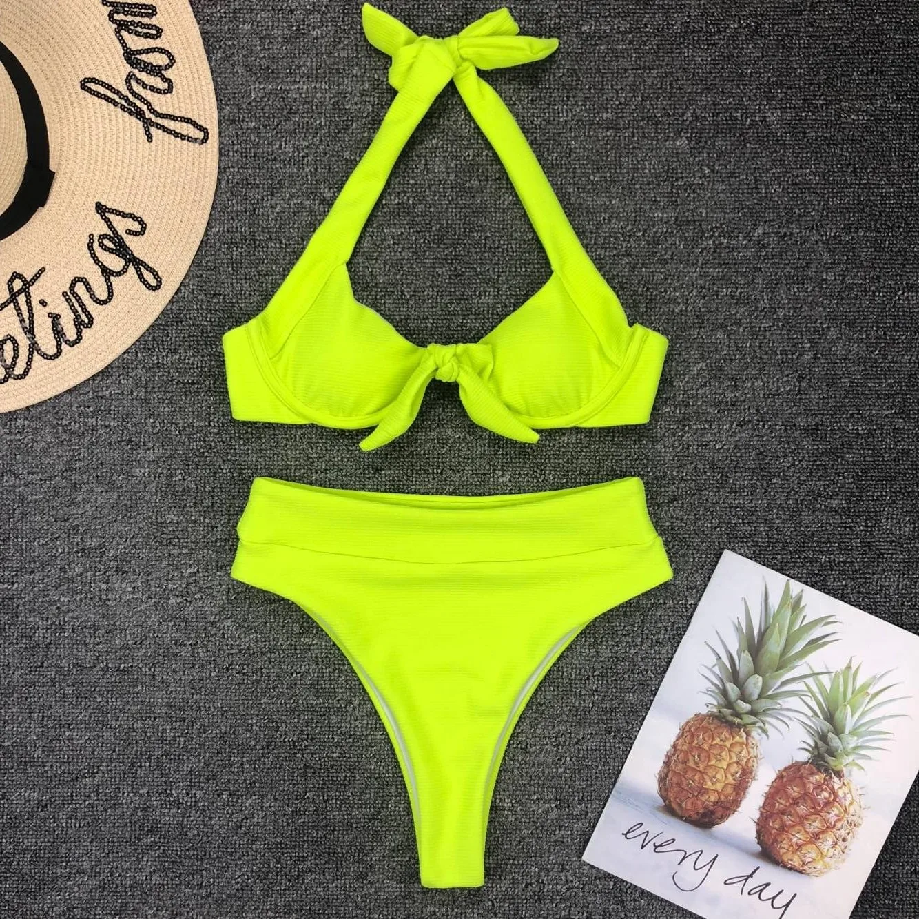 2019 Sexy Women Swimsuit Women High Waist Bathing Suit Steel Swimwear Solid Neon Bikini Buy