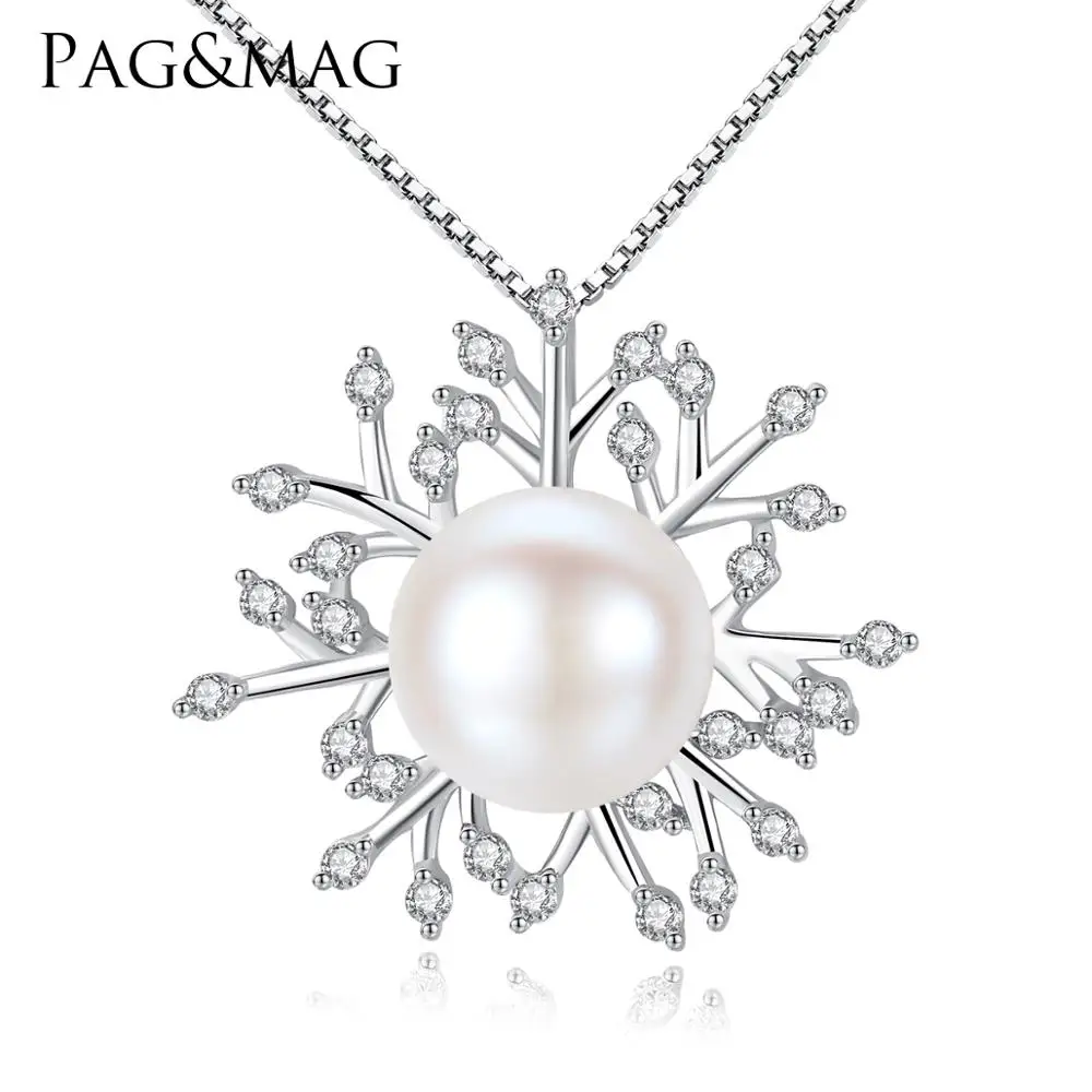 

PAG&MAG 925 Silver Jewelry Sparkling Snowflake Freshwater Cultured Pearl Pendant Necklace