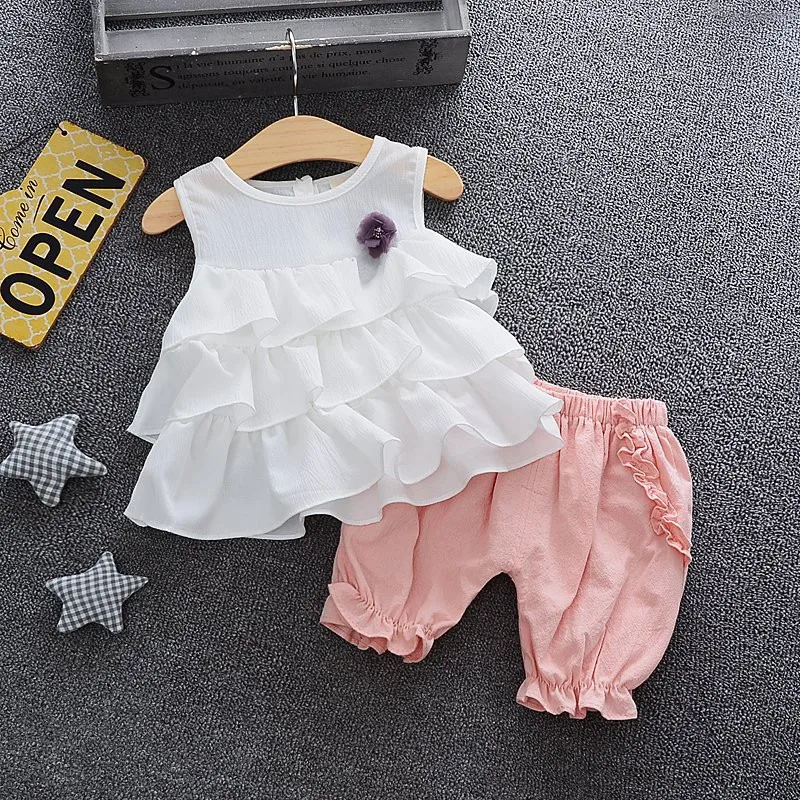

WHolesale summer Korean baby girl clothing sleeveless shorts suit, White/pink