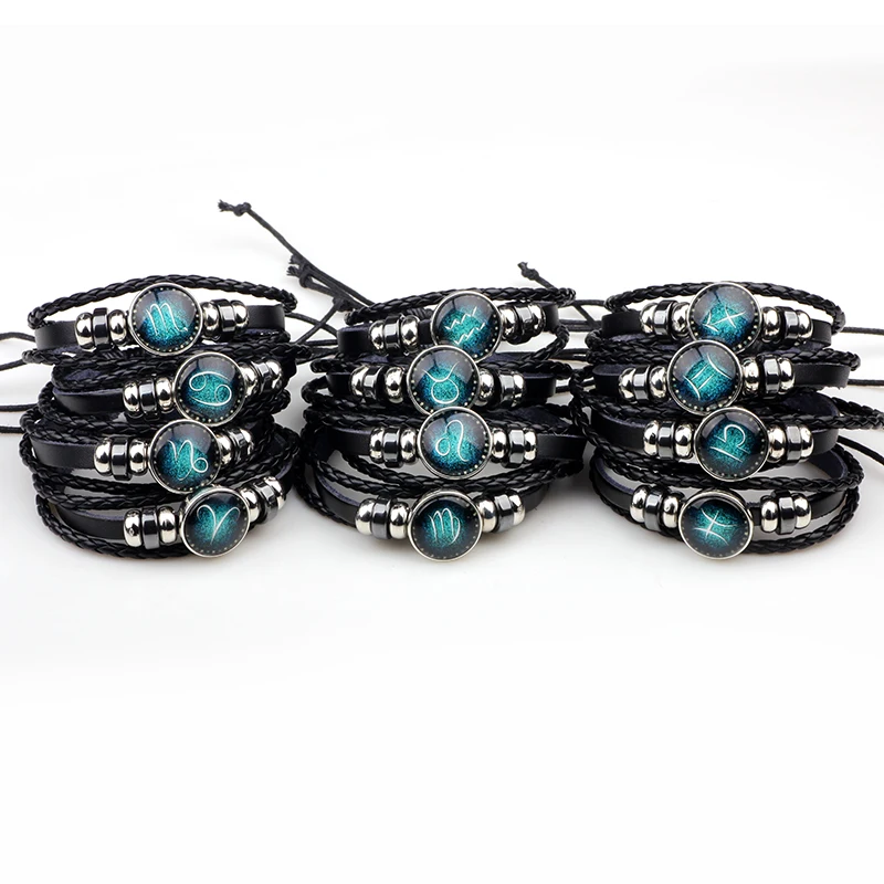 

Fashion braided 12 Zodiac designs glass button bracelets Couple alloy handmade weave beaded leather zodiac bracelets, Black