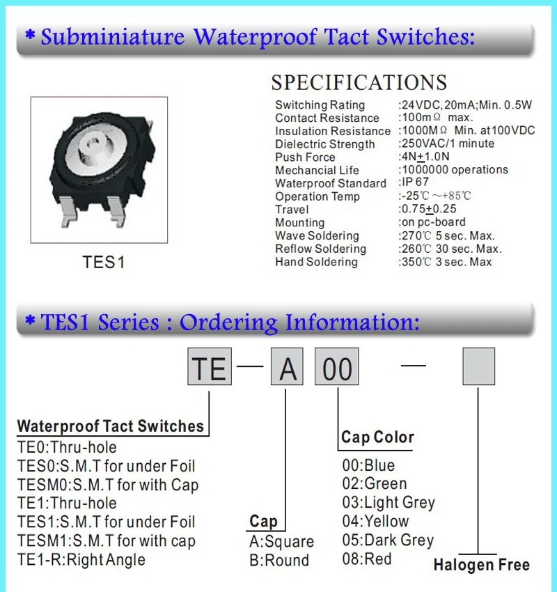 Subminiature IP67 Waterproof SMD Tact Switch with Cap