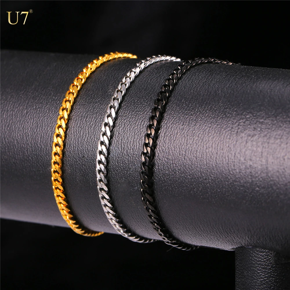 U7 3MM 21CM cuban link chain bracelet stainless steel gold/ black gun plated mens bracelet