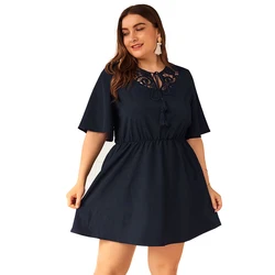 2019 new Solid color dress Sexy and unrestrained Short sleeve Hollow Lace Party beach skirt Large size Vacation style dress