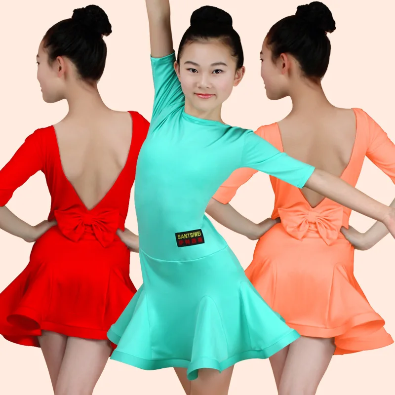 

Wholesale Girls Latin Dance Dresses Practice For Teen Cha Cha Rumba Samba Jive Quick Step 5 Colors ZH5024, Bare pink;mint green;black;purple;red