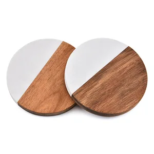 Image of Table Insulation mat round acacia wood coffee cup coaster with marble