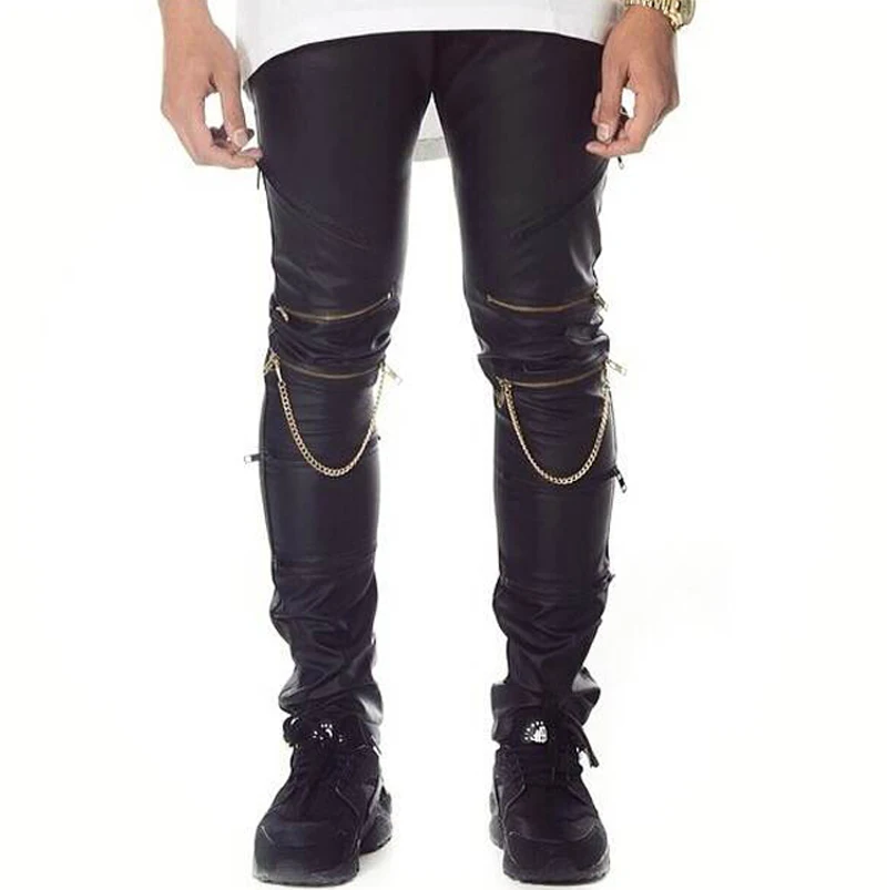 black leather joggers with gold zippers