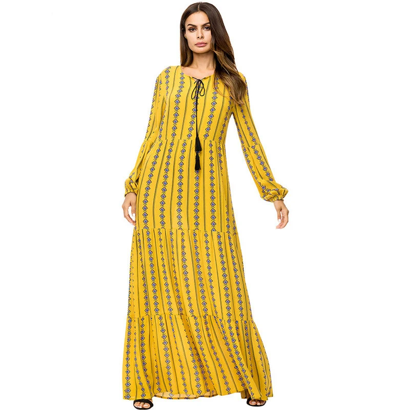 

Gold Orange Maxi Gingham Printing Islamic Clothing Musliim Dress for Ladies