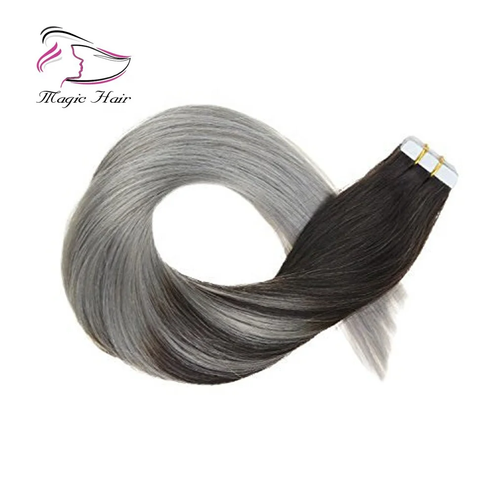 

Two Tone Ombre Color 1B Fading to Silver Balayage Tape Hair Extensions Brazilian Real Human Hair Extensions Glue in Hair, 1b silver grey ombre color