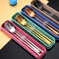 

2 pcs/set 3 pcs / set Gift Set Wheat Straw Box Spoon Fork Chopsticks SS18/8 Cutlery Set Travel sets Students flatware Portable
