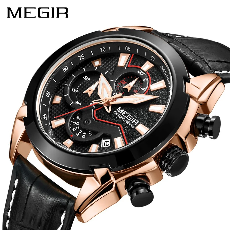 

MEGIR 2065 Creative Quartz Men Watch Clock Men Relogio Masculino Reloj Hombre Leather Chronograph Army Military watches