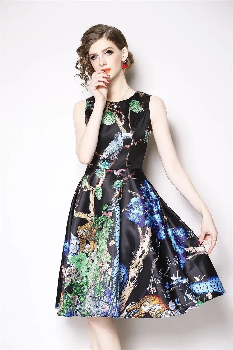 Vintage Nature Print Dress Fashion Women Sleeveless Mid Skirt Casual ...