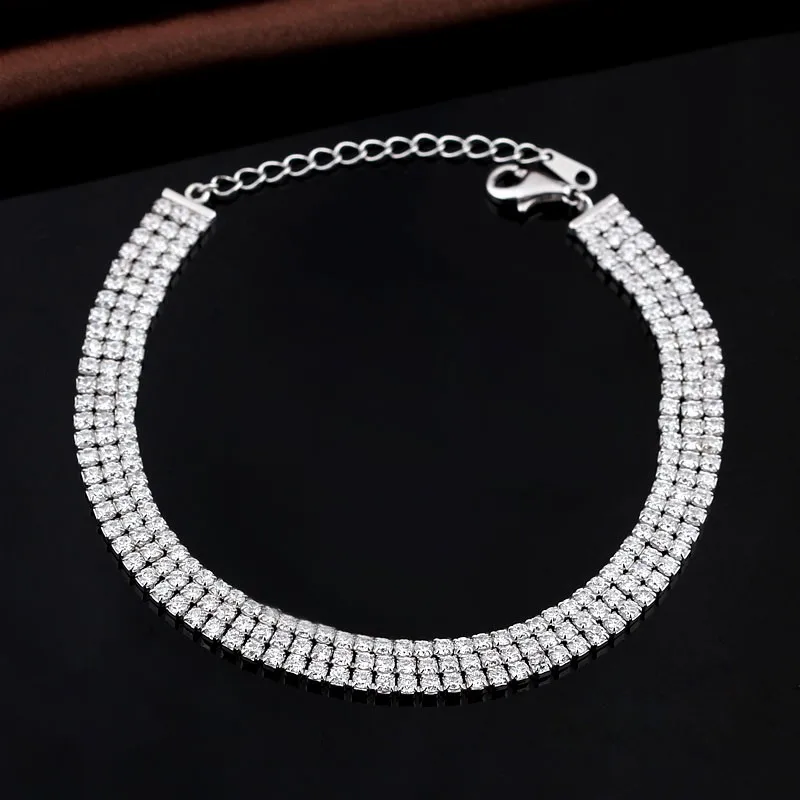 

Mens Fashion 3 Row Round-Cut 925 Sterling Silver Zircon Tennis Bracelet