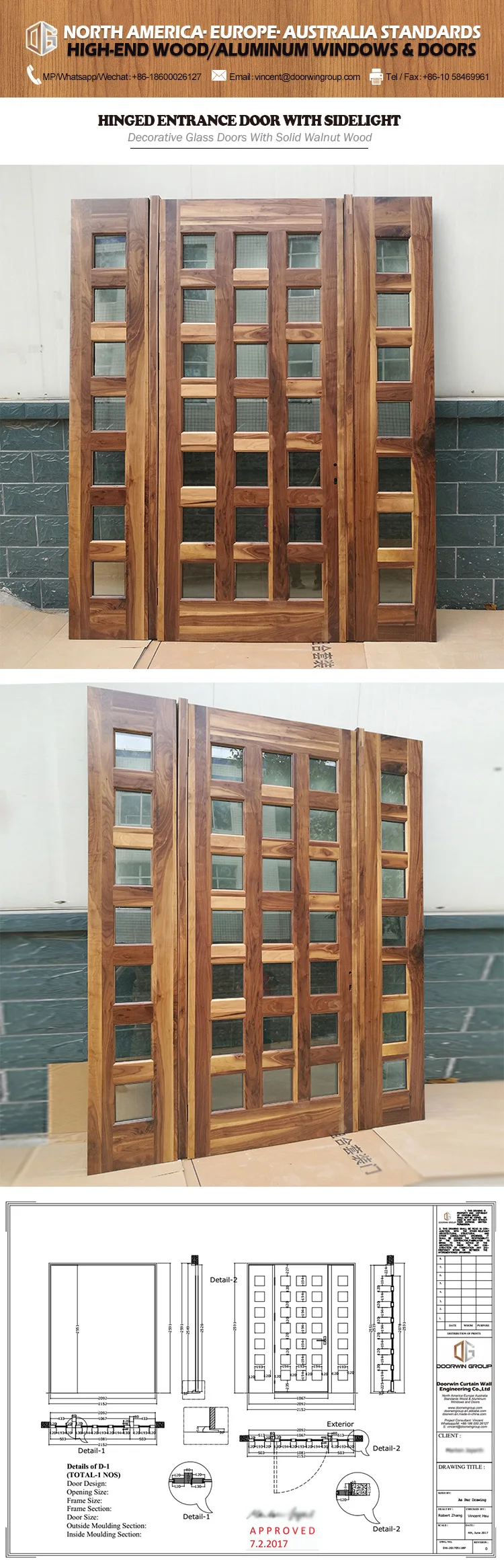 china solid wood doors factory best price entrance solid wood door with grille made of black walnut