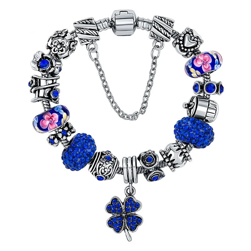 The Pink Crystal Charm Bracelet Bangle Woman With Safety Silver Chain