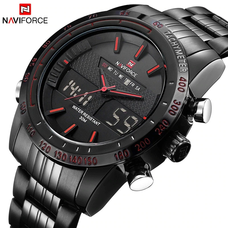 

NAVIFORCE 9024 Mens Digital+Quartz watch Stainless Steel Material Dual Display Movement Wristwatches, As picture