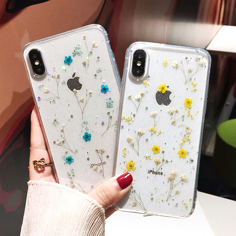 

Free Shipping Real Dried Flower Transparent Phone Case For iPhone X XS XR Xs Max 8 7 Plus Soft TPU Silicon Floral Clear Case