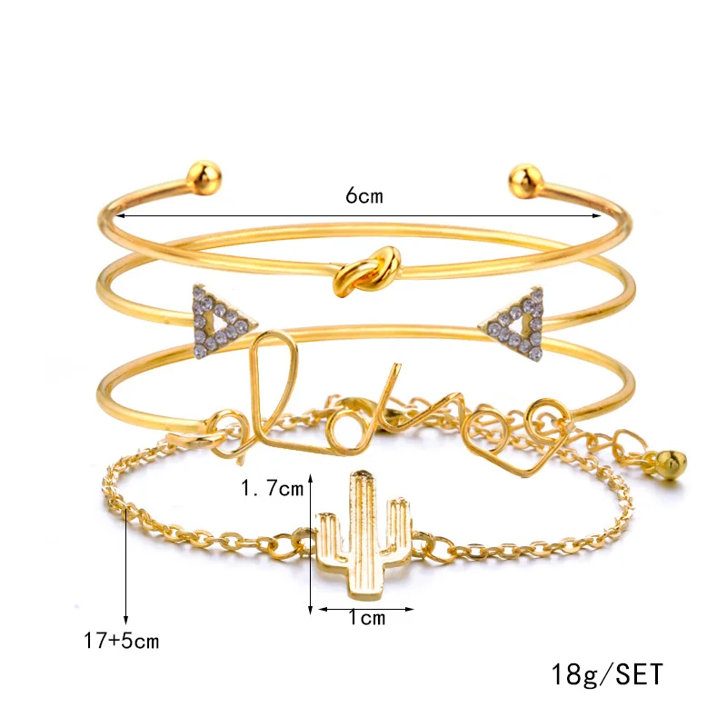 

Buy 10 Get 1 Free,Real Gold Plated Double Rhinestone Trangel Love Cactus Knot Metal Set Bracelet Bangle For Women