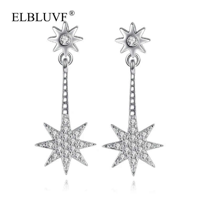 

ELBLUVF Copper Alloy Zircon Jewelry S925 Silver Plated Sunshine Shape Star Earrings Wholesale For Women, White gold