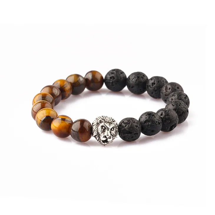 

Men Jewelry 2021 Wholesale Fashion Jewelry natural stone bead lava and tiger eye bracelet gold lion head bracelets, Picture