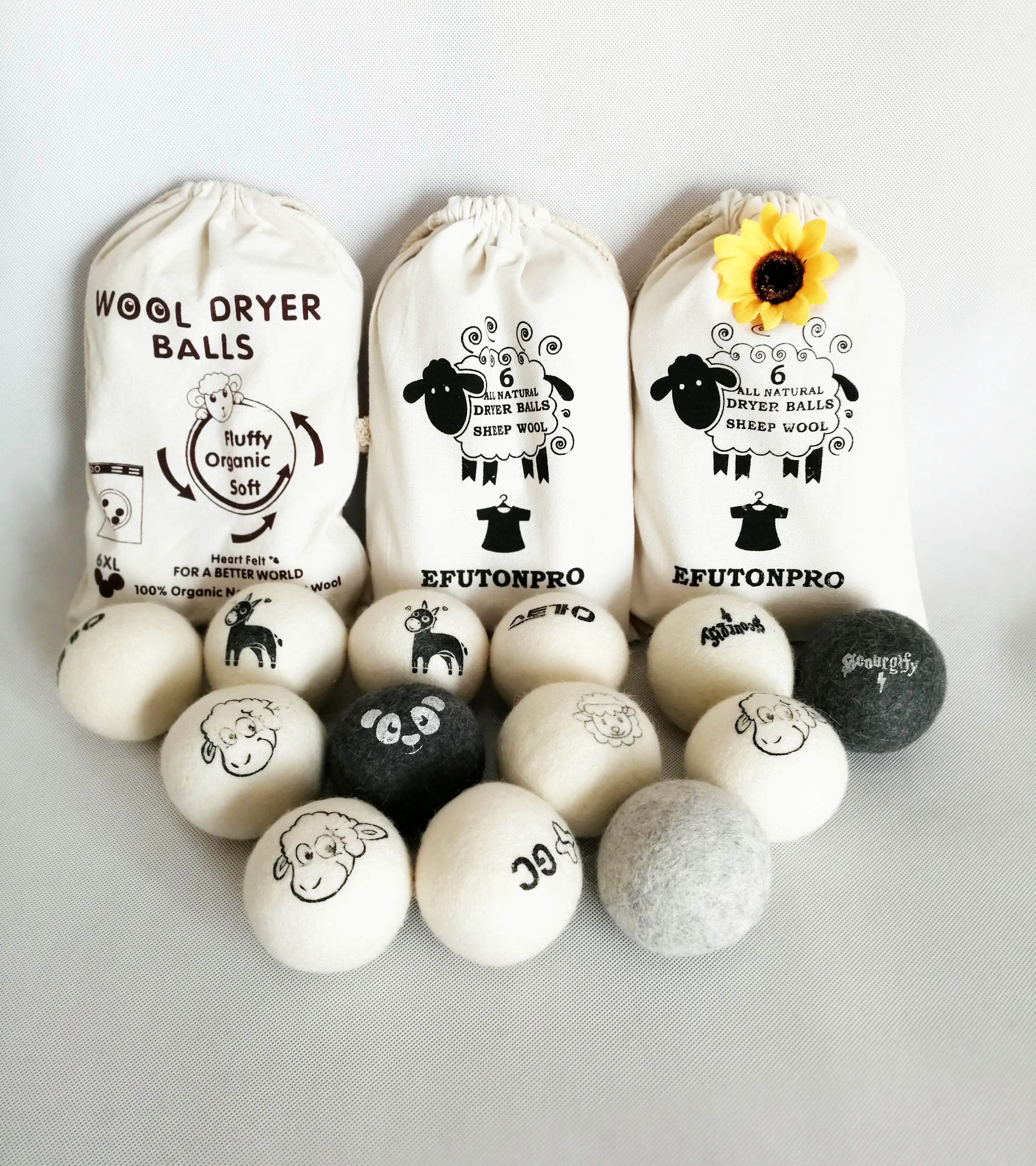 

New zealand Natural Laundry XL size Organic Wool dryer balls, White grey dark grey black