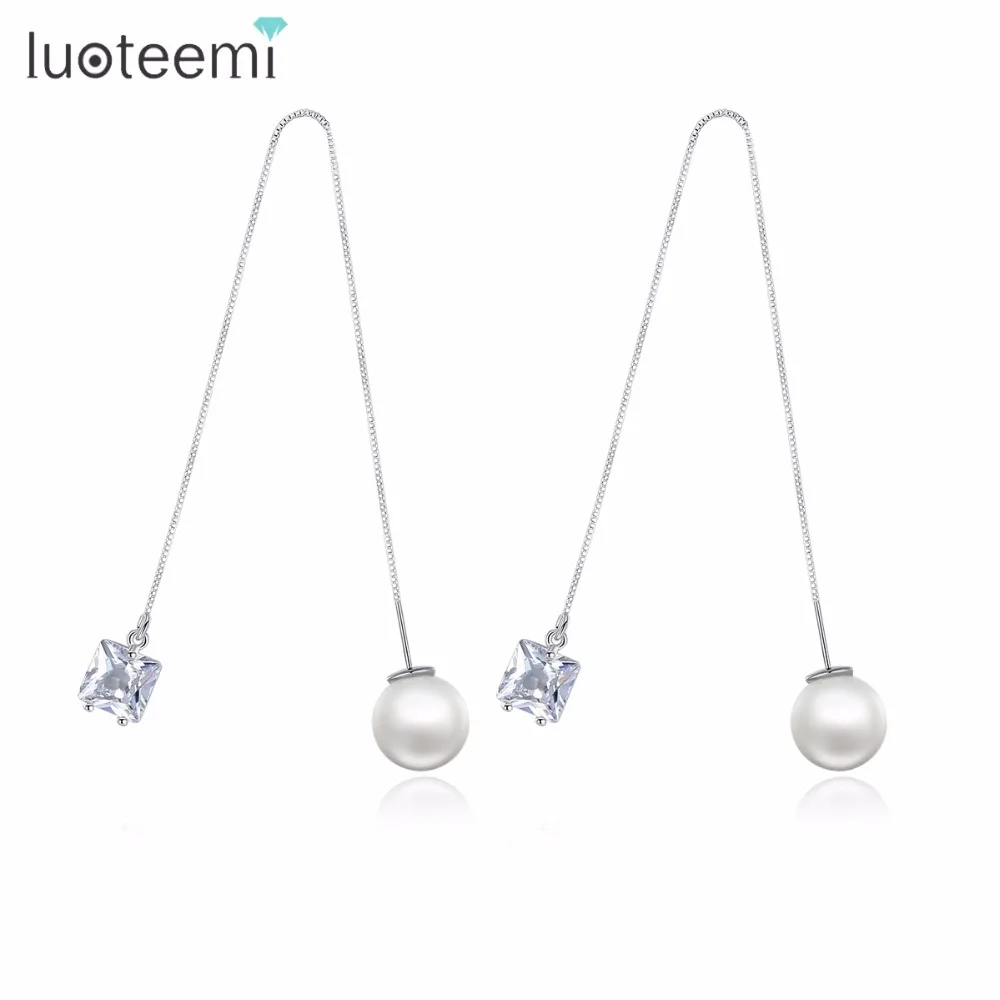 LUOTEEMI Femme New White Gold Color Square Cut Clear Cubic Zirconia Long Dangle Earrings Jewelry for Women Boucle D'oreille