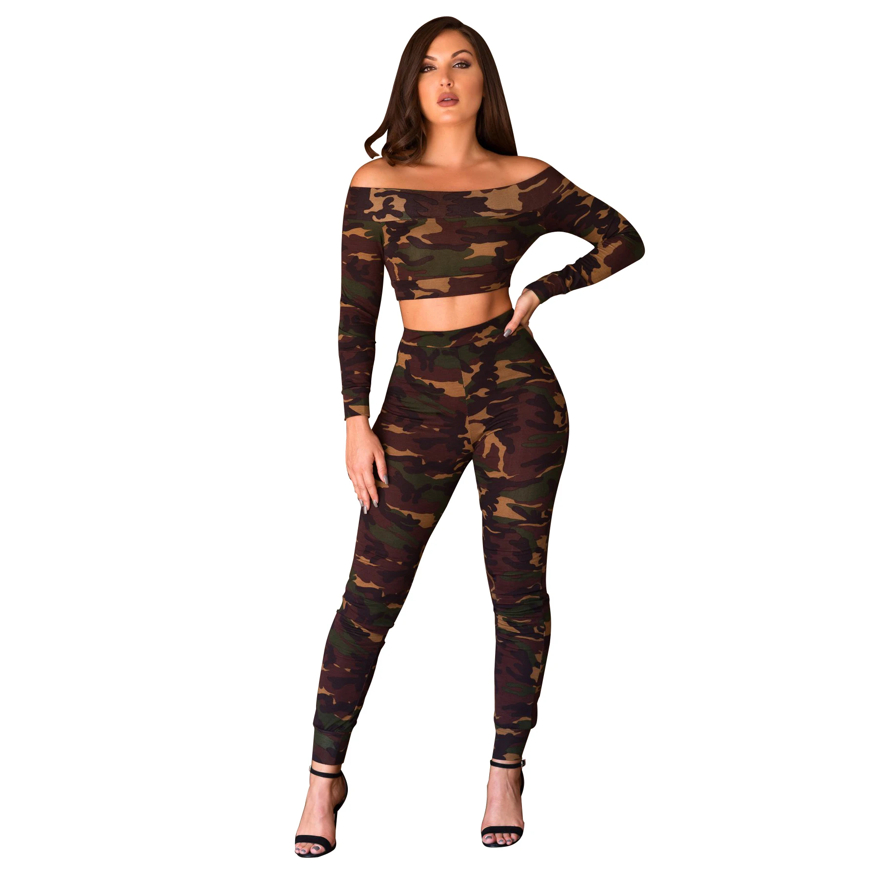 

N15032A Wrapped chest fashion casual camouflage two piece suit pants suit for women, As shown