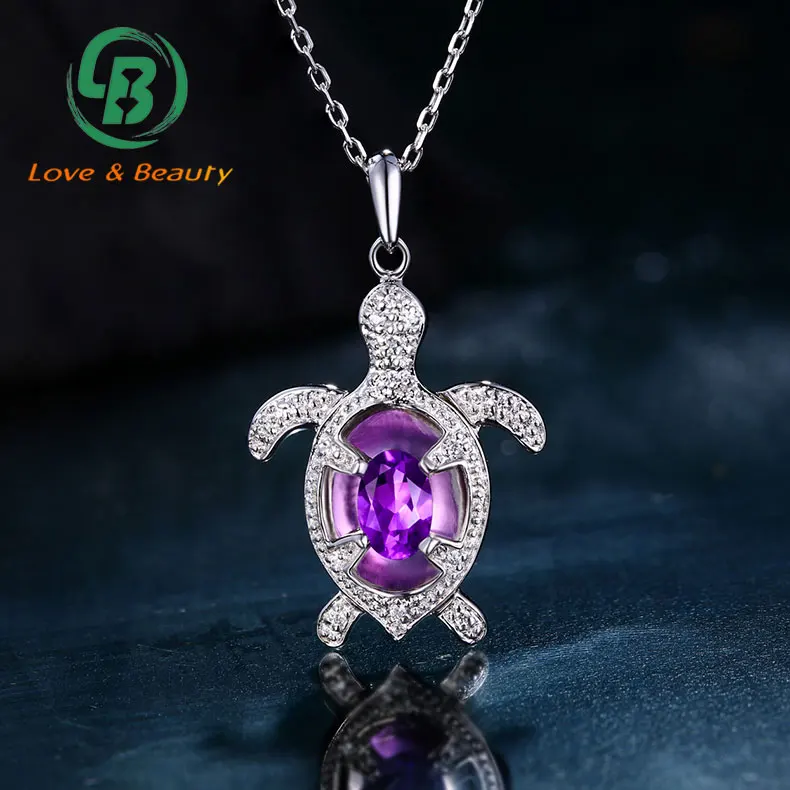 

Amethyst pendant healing custom charms sterling silver turtle necklace, Picture