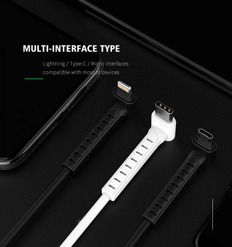 Recci 2.4a 90 degree micro usb type c fast charging cable