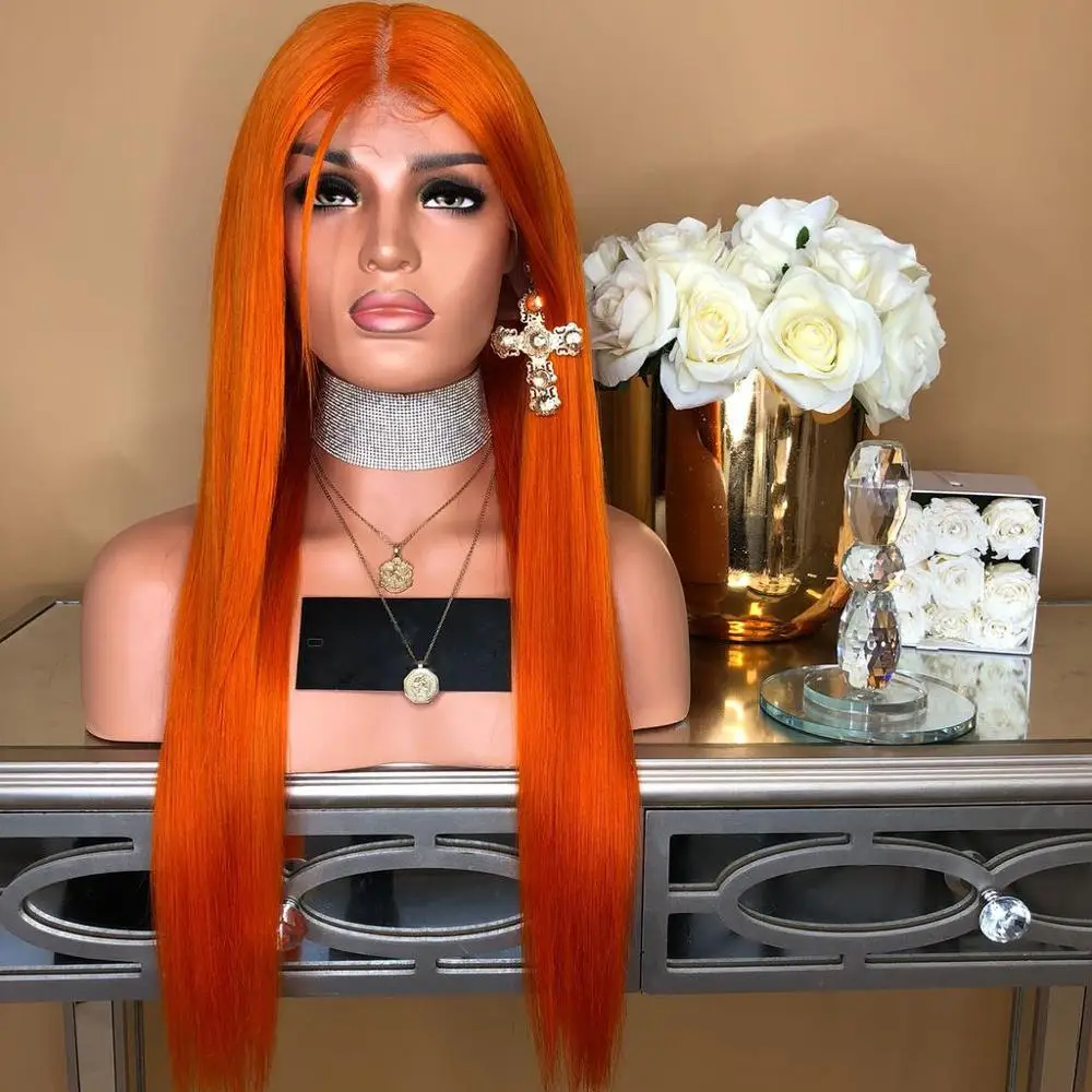 

Wigs Factory Straight Orange Color Top Grade Middle Part 100% European Remy Human Hair Lace Front Wigs For Women, Orange color lace wig