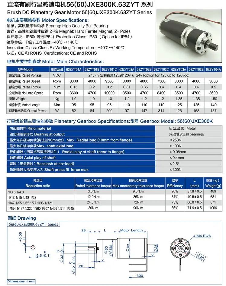 Diameter 63mm Gr63 Series Brush Dc Motor Customized Voltage Performance Shaft Mounting  Power 30w upto 300w