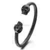 Unique Elastic Adjustable Mens Black Skull Cuff Bangle Stainless Steel Twisted Cable Bracelet Polished