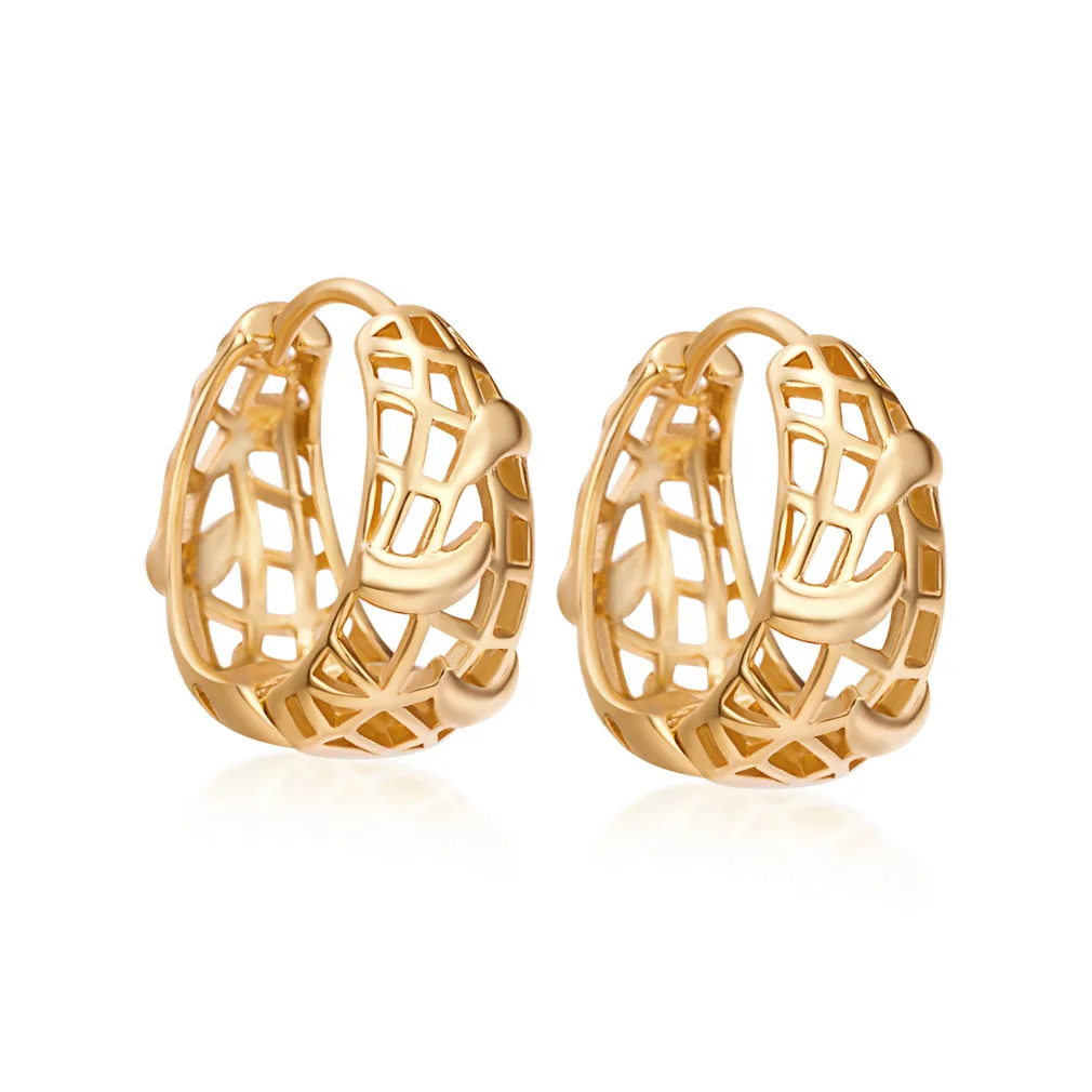 Newest Design Women Fashion Jewelry Retro 14K Gold Plated Hollow Huggie Hoop Earrings