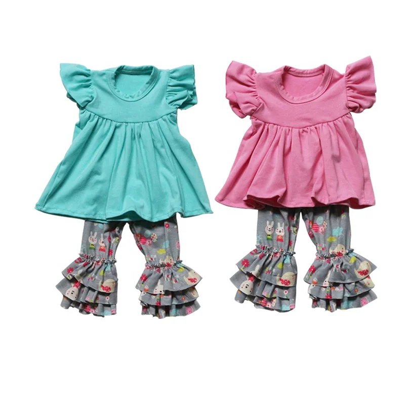 

Wholesale Baby Girl Clothes Pure Cotton Flutter Tunic Icing Pants Outfit Matching Doll Sets Teen Girls Easter Clothing Sets
