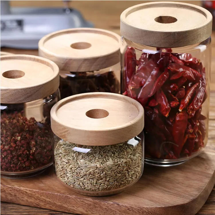 

Factory directly sell Handblown Storage Canisters Glass Jar glass storage jars with wooden lids, Clear