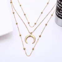 

Sterling Silver Plated Three Layers Chain Large Moon Pendant Necklace Silver Tone Moon Pendant Multilayer Necklace for Girls