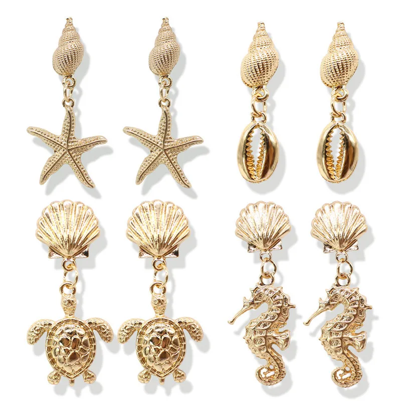 

30 Design Bohemian Summer Ocean Beach Gold Metal Conch Seahorse Turtle Starfish Shell Earrings Sea Shell Drop Earrings, Picture