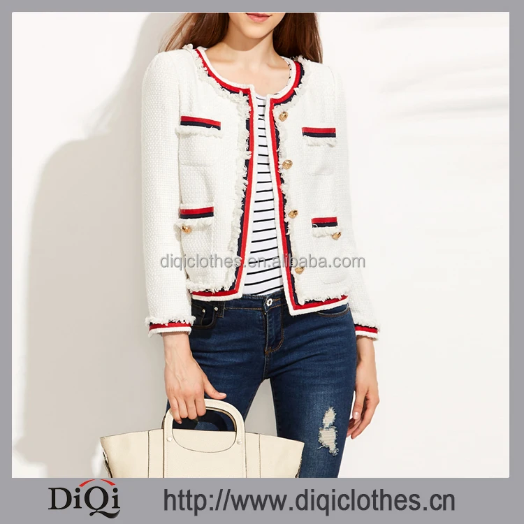 Guangzhou Factory direct wholesale french fashion women White Collarless Striped Trim Frayed Tweed Jacket