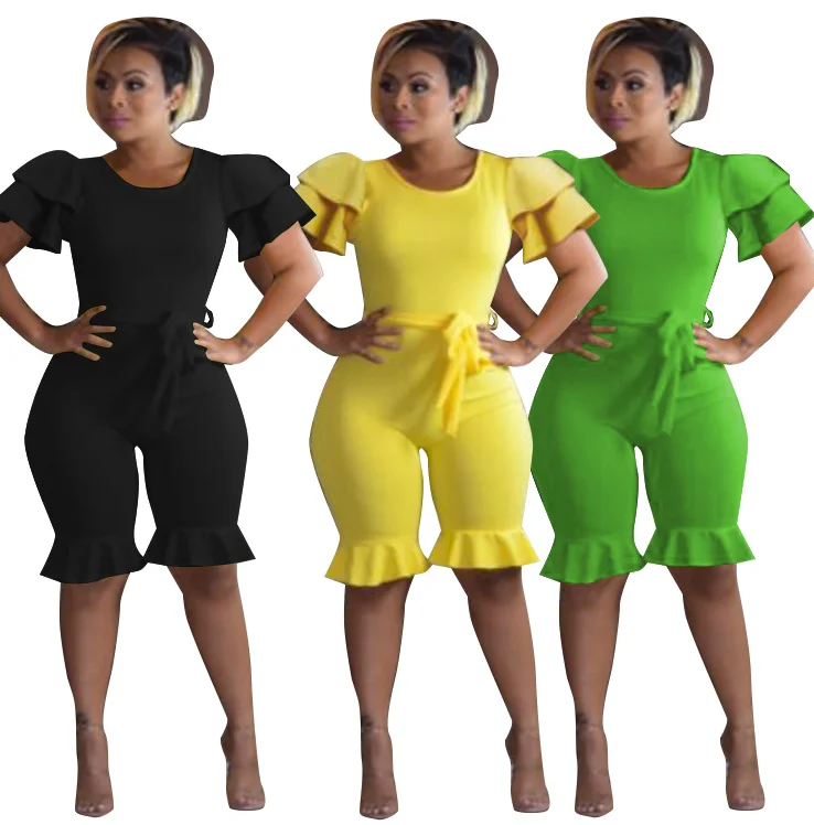 

2019 Design Hot Sale Women Skinny Playsuits 3 Colors O-neck Short sleeve Ruffles Comfortable Plus Size Romper, N/a