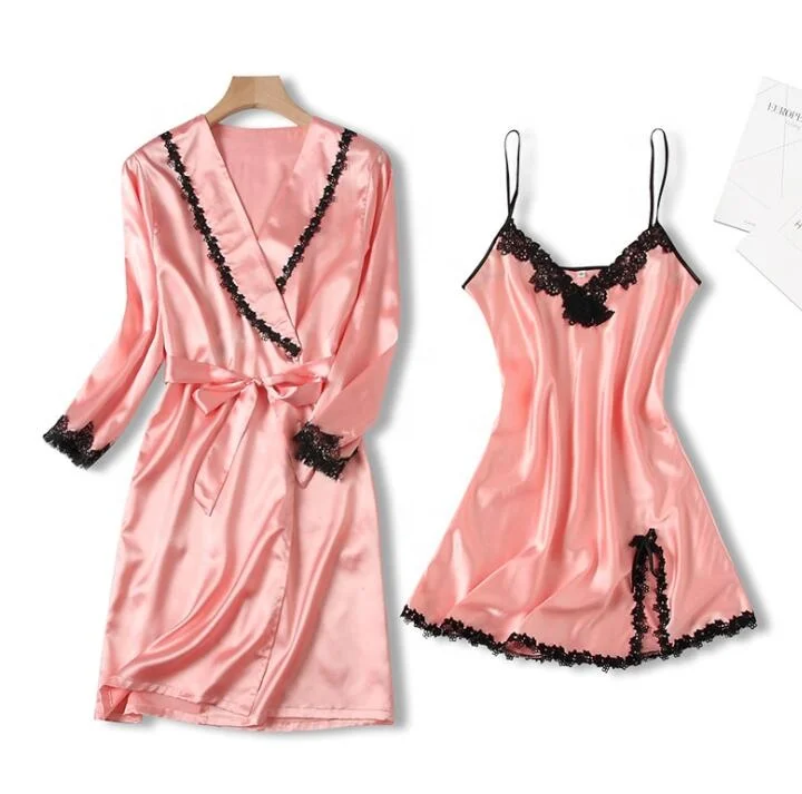 Wholesale sexy two pieces silk satin bridal robe with lace for ladies