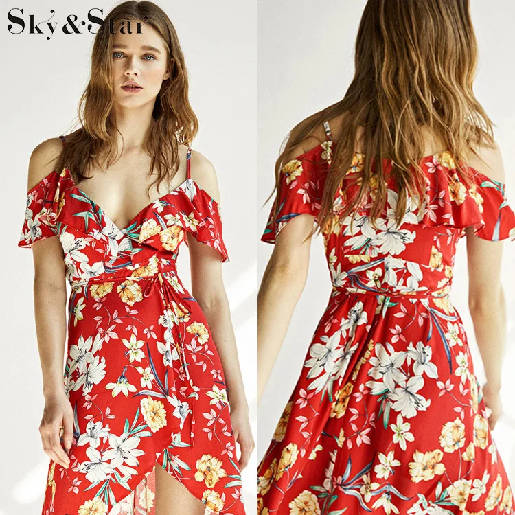 

Newest wholesale fashion spaghetti strap V neck sexy casual women floral dress