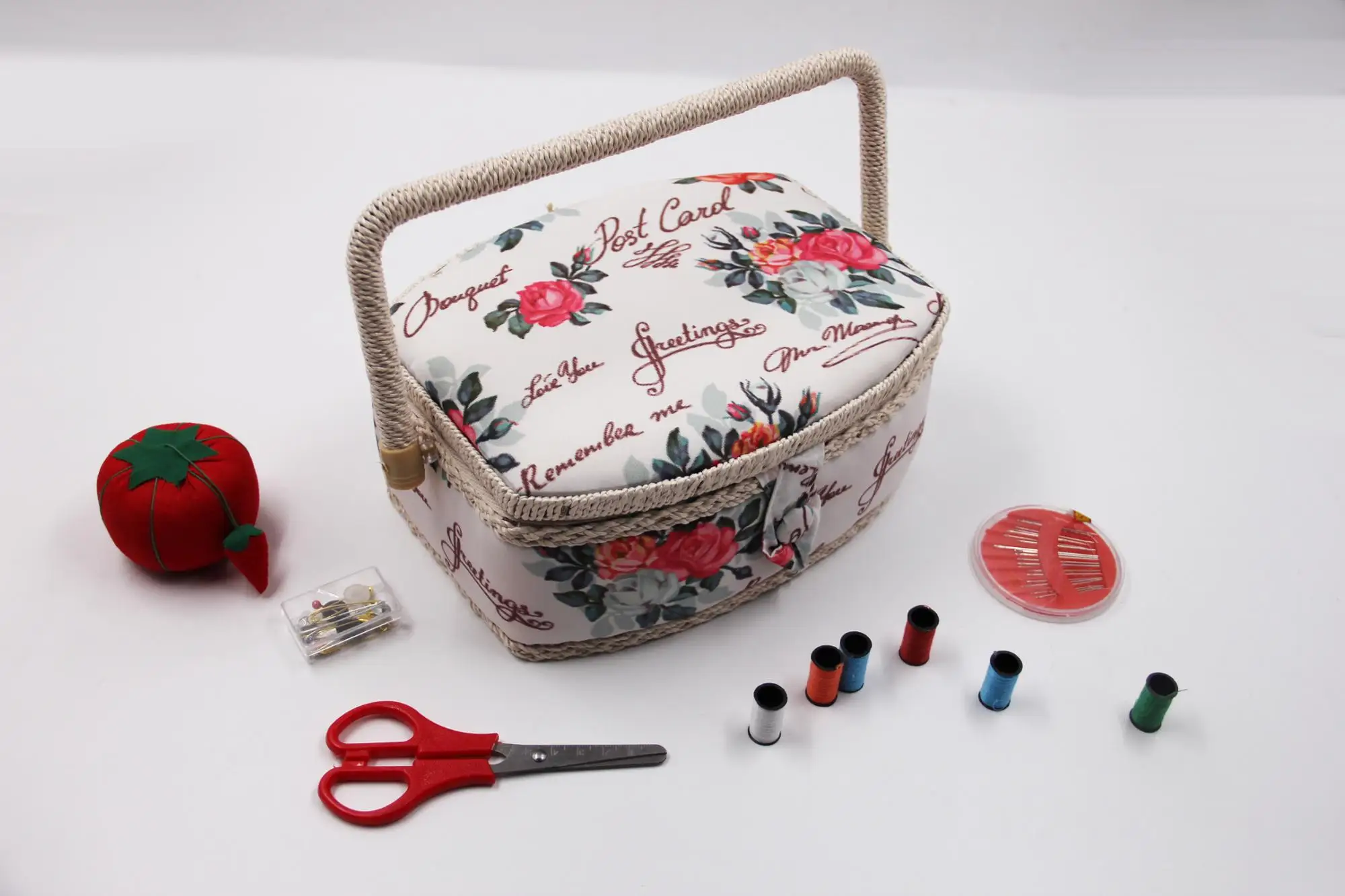 手工艺品花图案织物缝纫工具包篮子针线盒