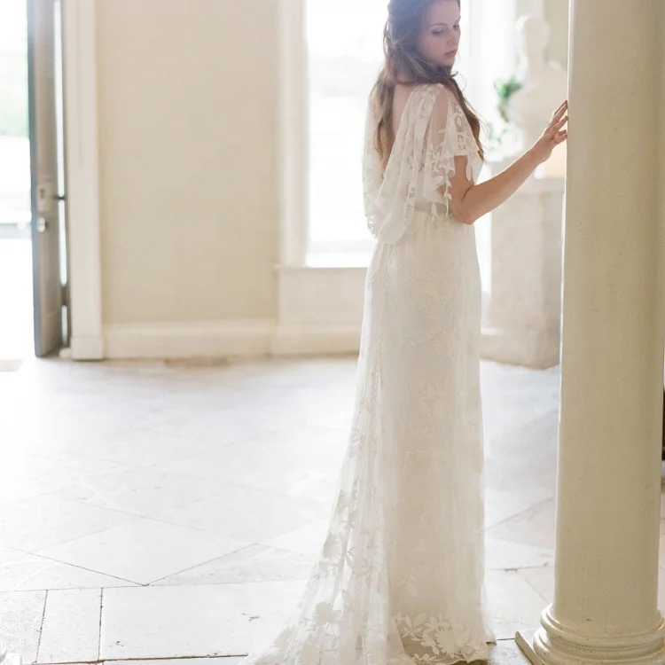 

1109#Cap Sleeve White Lace Chiffon Applique Sweep Train Bohemian Boho Open Back Wedding Dress Bride Gown