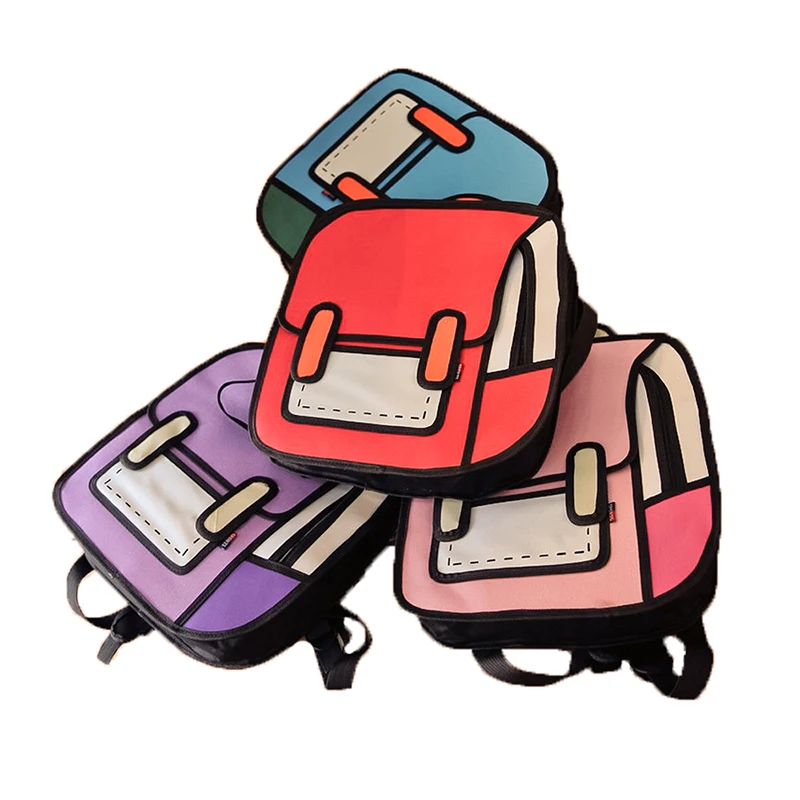 

Creative Comic Teenager Travelling Student Unisex Cartoon Children Primary Satchel 2D Drawing Kids School bag Backpack, Blue, pink, red, purple